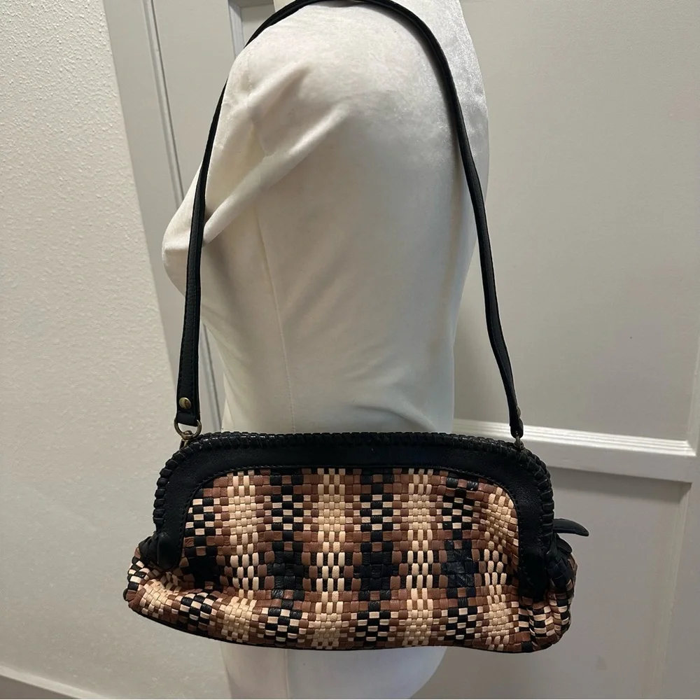 Woven Leather Clever Carriage Black and Brown Woven Leather Shoulder Bag Clutch